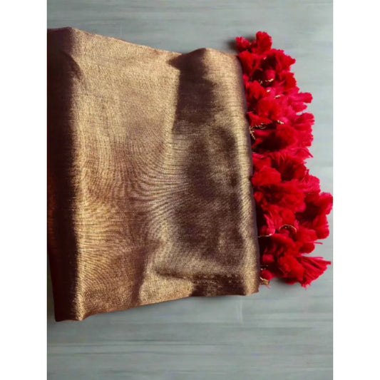 Golden Tissue Silk Saree with Red Pom Pom