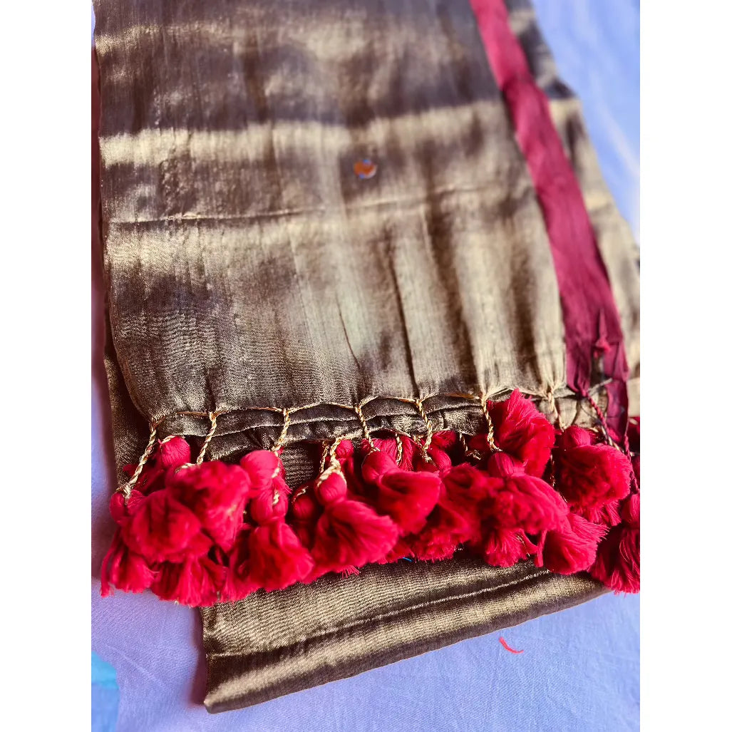Golden Tissue Silk Saree with Red Pom Pom