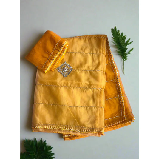 Mustard Yellow Organza Saree with Sequins and Gotta Patti work