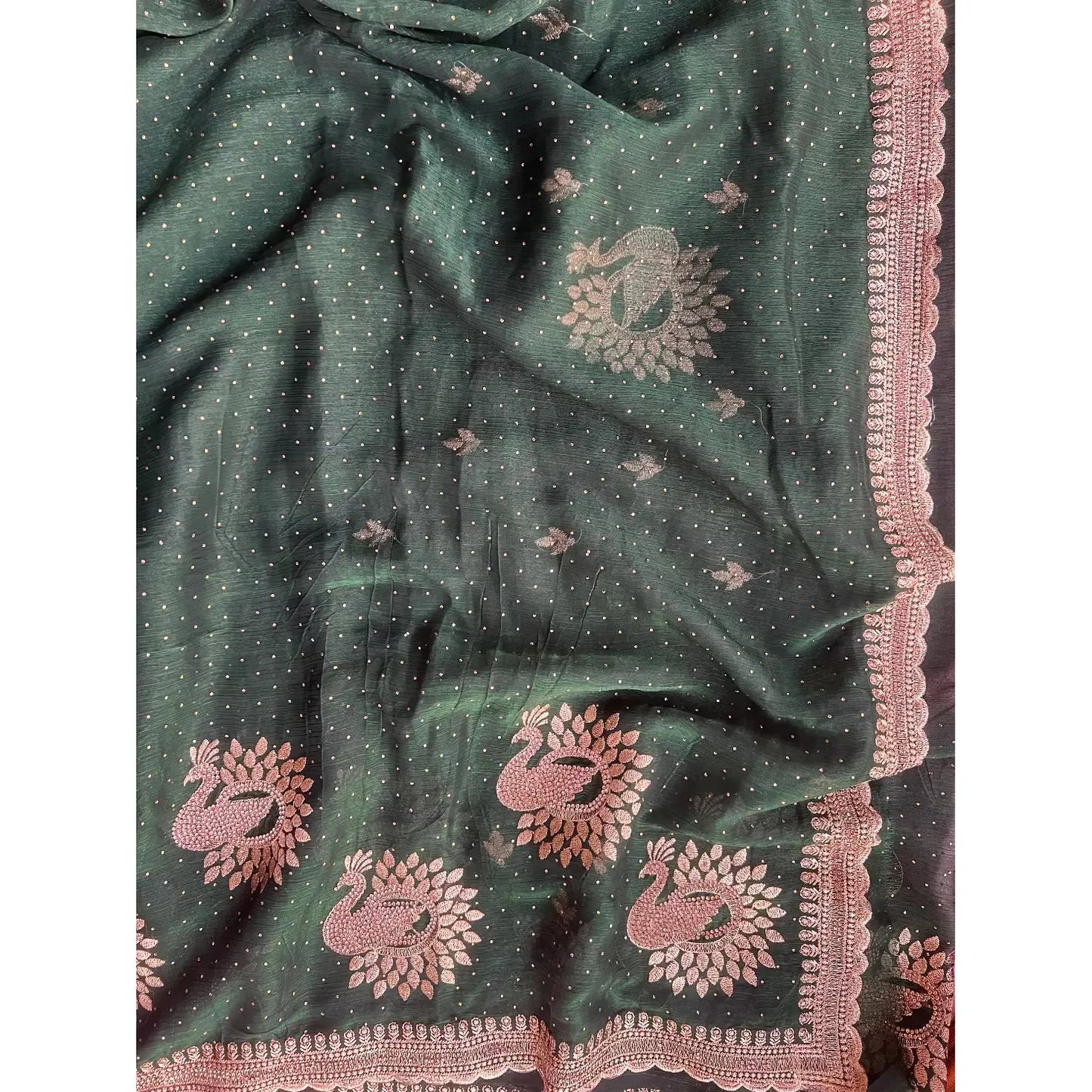 Ocean Green Saree with Swaroski and intricate Embroidery and scallop Border