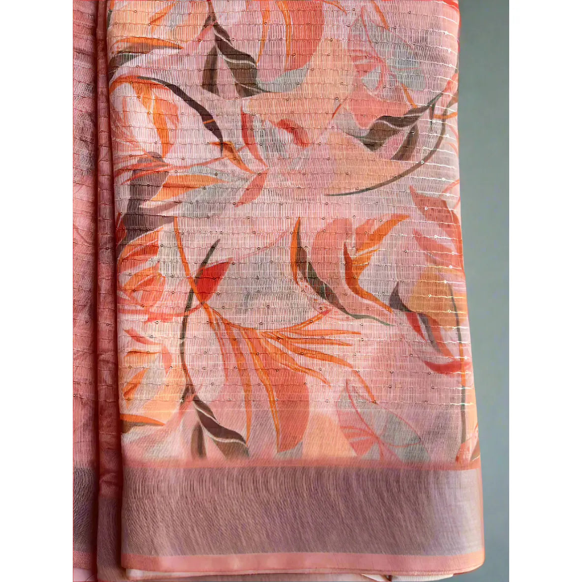 Peach and Brown Linen Saree with Thread Work