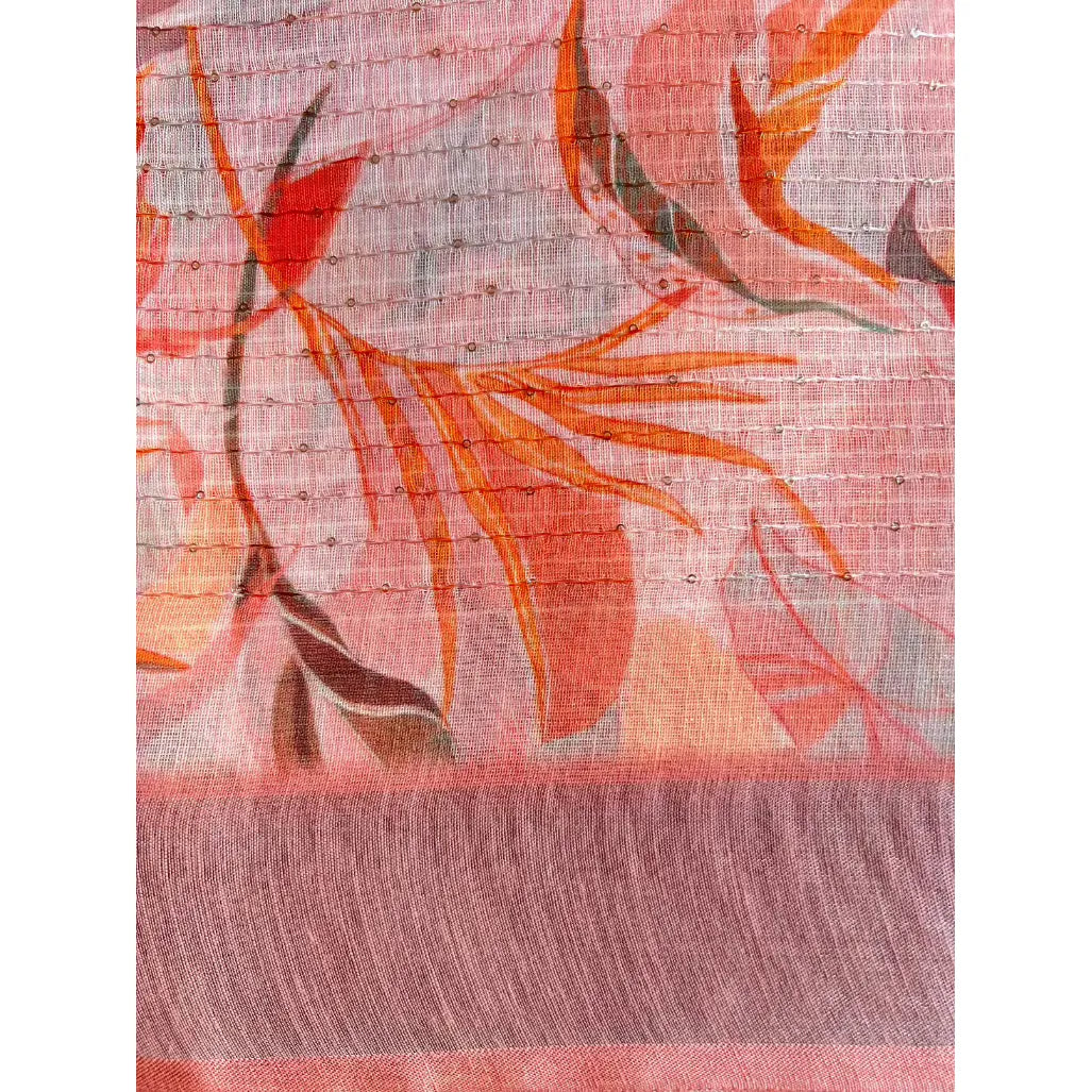 Peach and Brown Linen Saree with Thread Work