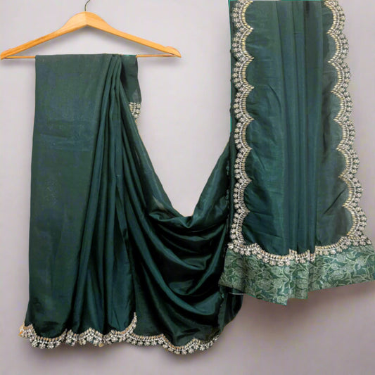 Forest Green Silk Saree with intricate cutwork Lace.