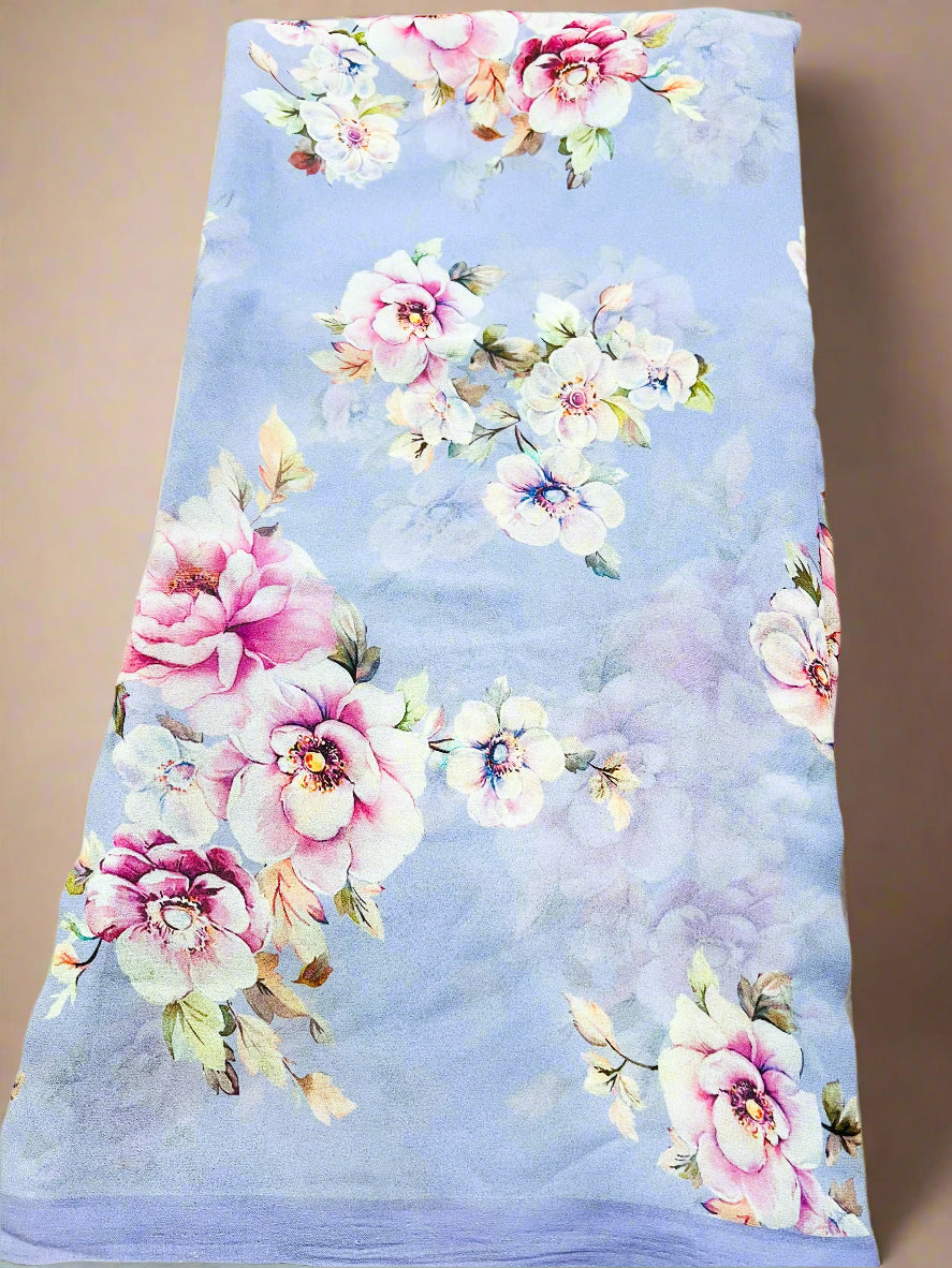 Lavender Floral print Pure Georgette Saree.