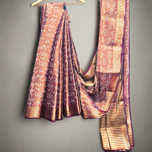 Copper Gold and Tribal Print Glass Tissue Saree