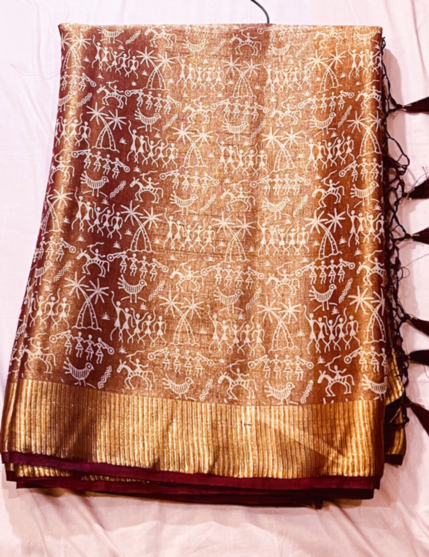 Copper Gold and Tribal Print Glass Tissue Saree