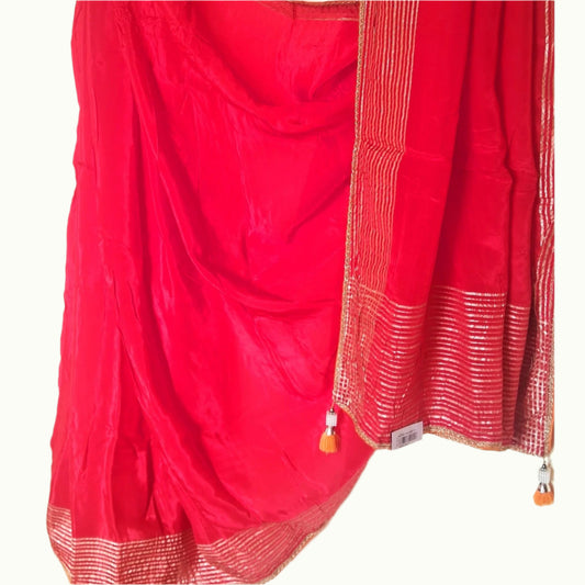 Paro-Red Satin Silk Saree with Zari Stripes