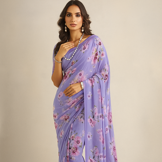 Lavender Floral print Pure Georgette Saree.