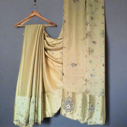 Pista Green colored, Satin Crepe Floral Print Sequined Saree
