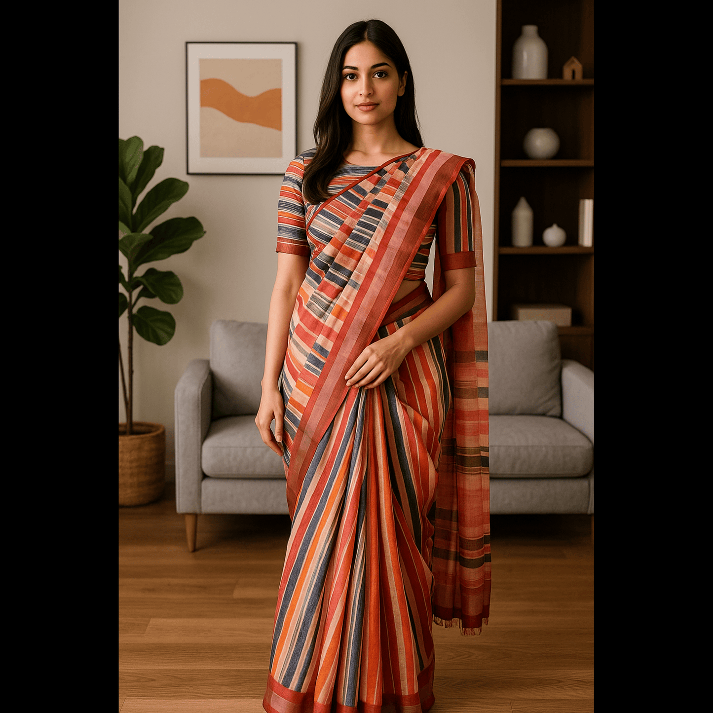 Multicolored Linen Saree with Stripes all over,