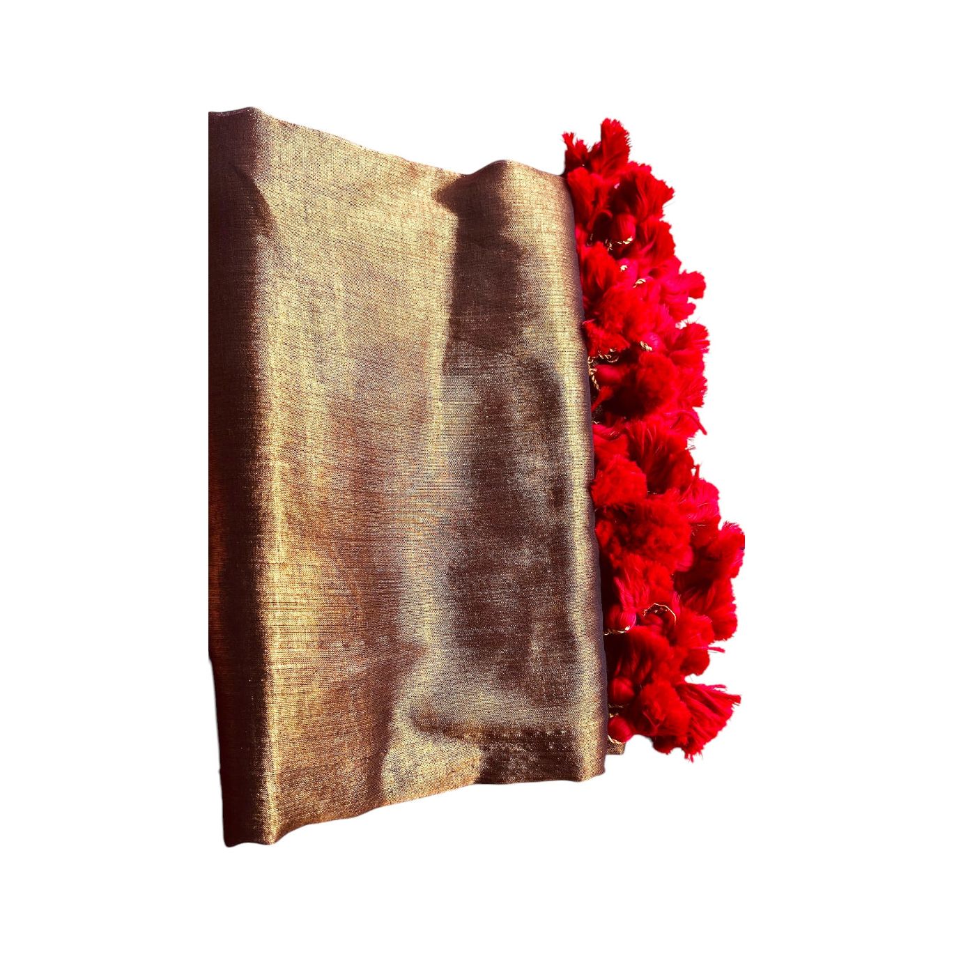 Golden Tissue Silk Saree with Red Pom Pom