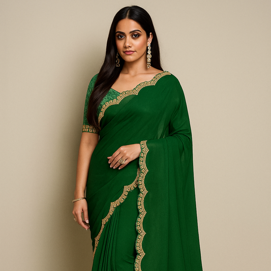 Forest Green Silk Saree with intricate cutwork Lace.