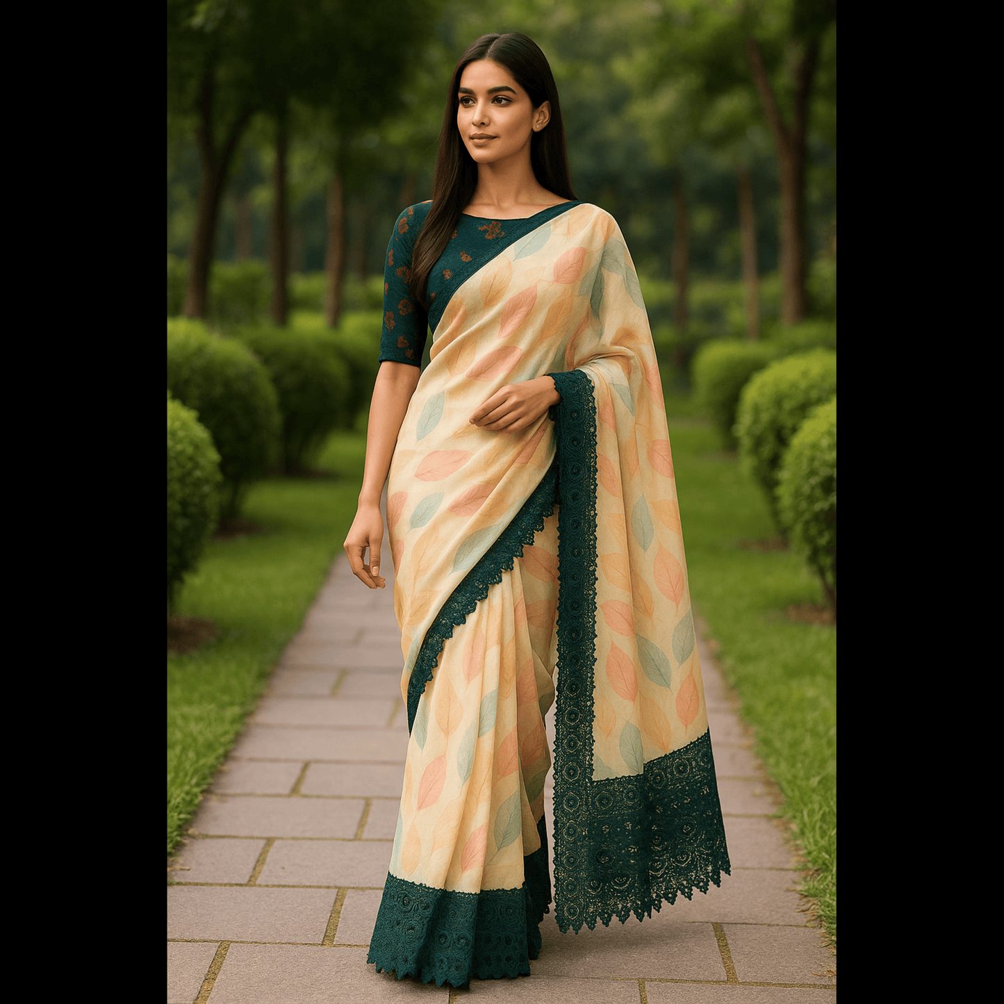 Leaf Print Light Yellow Organza saree