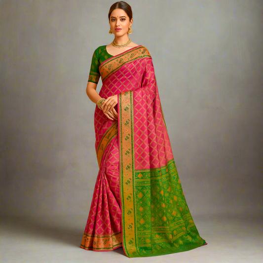 Magenta Pink Patola Saree with Green Palla
