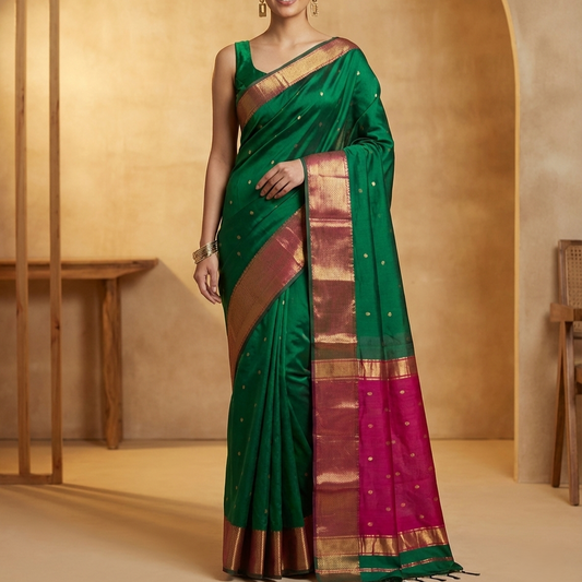 Manmohini (Green Maheswari Silk Saree with pink pallu)