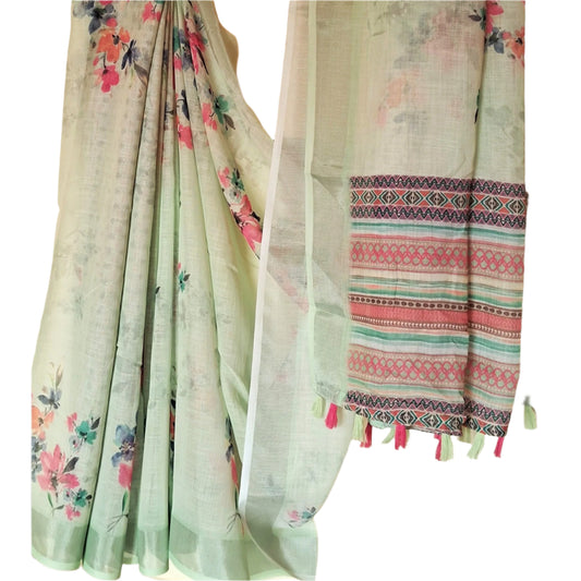 Pastel Green Linen Saree with Bougainvillea Print