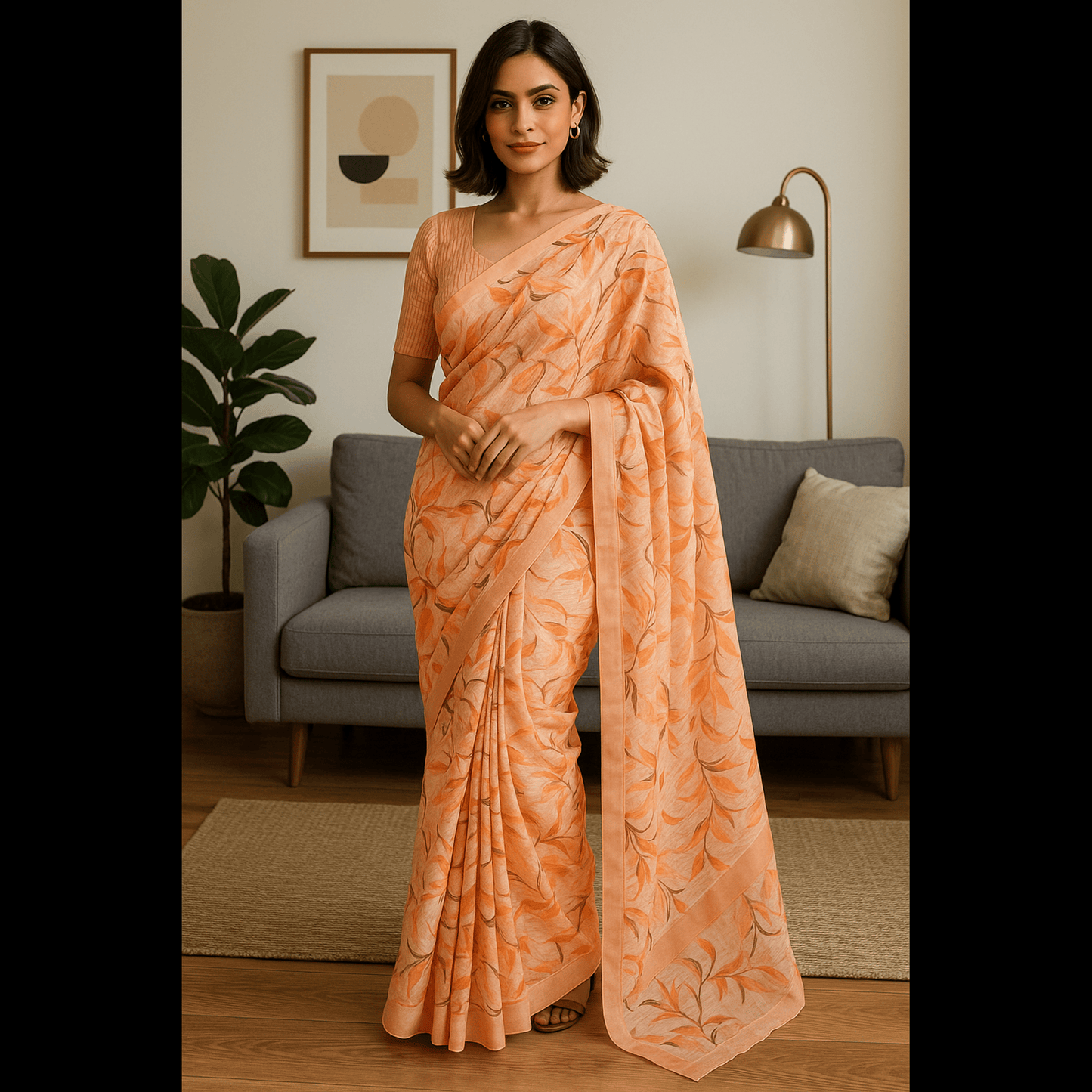 Peach and Brown Linen Saree with Thread Work