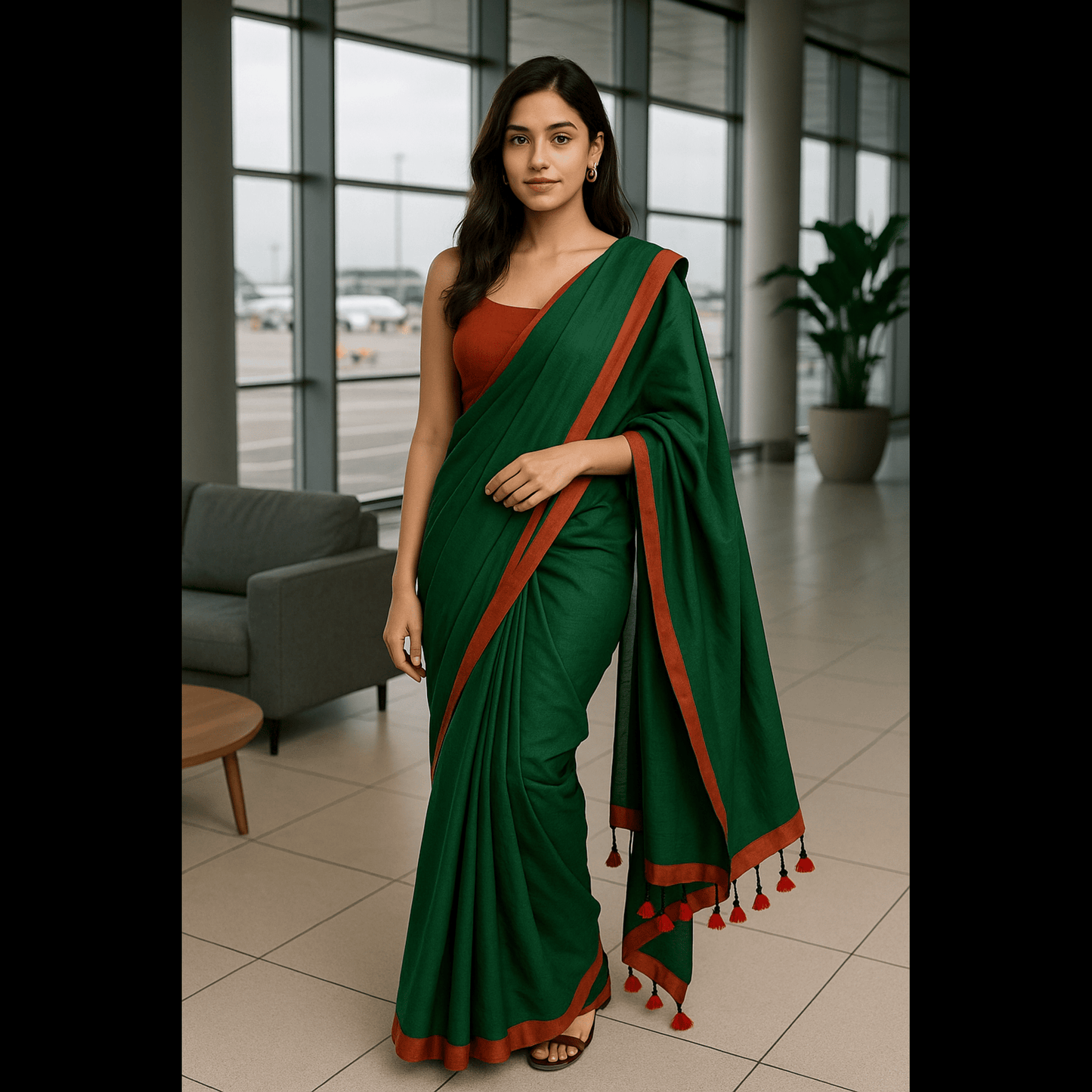 Dark Green Khadi Cotton Saree with Contrasting Red Border and soft Tassels